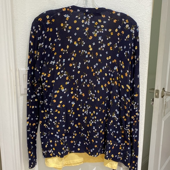 Loft Navy Blue Yellow Floral Button Cardigan Size M NWT paired with Yellow Tank - Picture 3 of 6